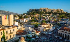 The flea market, Monastiraki mosque and the Parthenon in Athens.