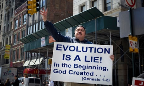 A religious zealot proselytizes against the theory of evolution in New York on Saturday, April 9, 2011.