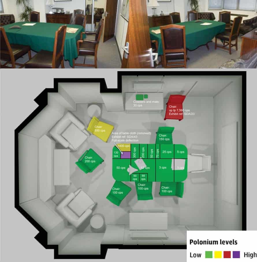 Metropolitan Police’s 3D graphic showing polonium contamination on the green baize tablecloth in Grosvenor Square