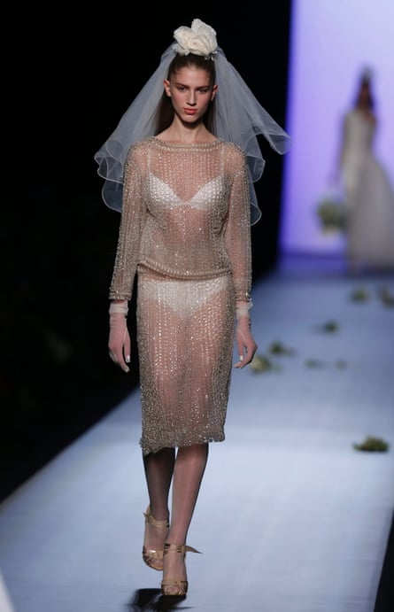 A bride at Jean Paul Gaultier's couture show on Wednesday. Not the desired underwear effect.