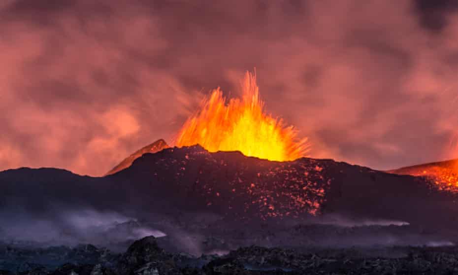 A volcanic eruption seen from a distance on 12 September 2014 in Holuhraun, Iceland.