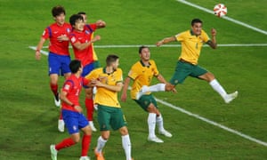 Nervy moments as Tim Cahill clears a corner following South Korea pressure just before half-time.