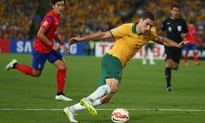 Mathew Leckie tries to twist and turn his way into the South Korea penalty area.