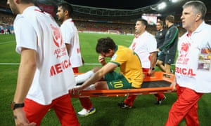 An emotional Robbie Kruse is taken off despite trying to battle on with what looked like a serious injury.