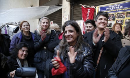 Finance Ministry's laid-off cleaning women react as they watch on television the new Greek Finance Minister Yanis Varoufakis announcing that the government will re-hire them, in Athens, on 28 Jan 2015.