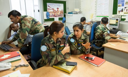 Majors Shikha Mehrotra, left, and Neha Khajuria, two of four women out of 5,000 total serving in the Indian brigade of the UN peacekeeping force in DR Congo in Goma