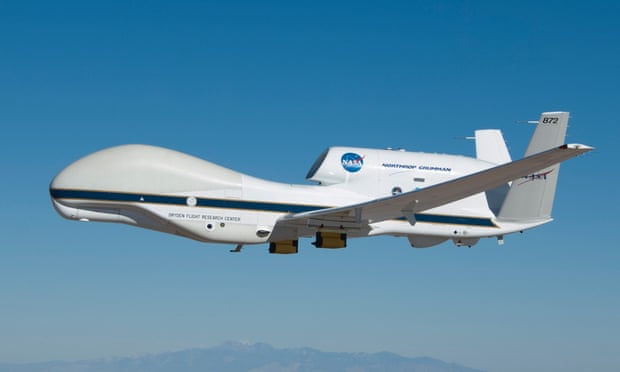 The Ghost instrument is secured in the belly of a Nasa Global Hawk Unmanned Aerial vehicle.