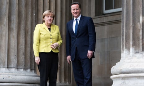 David Cameron and Angela Merkel at the British Museum in London on 7 January 2015.