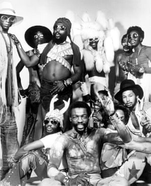 Clinton (in white fur hat) and Parliament-Funkadelic pose for a portrait in 1974 (?)