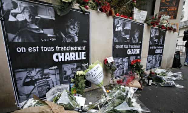 Flowers outside the offices of Charlie Hebdo