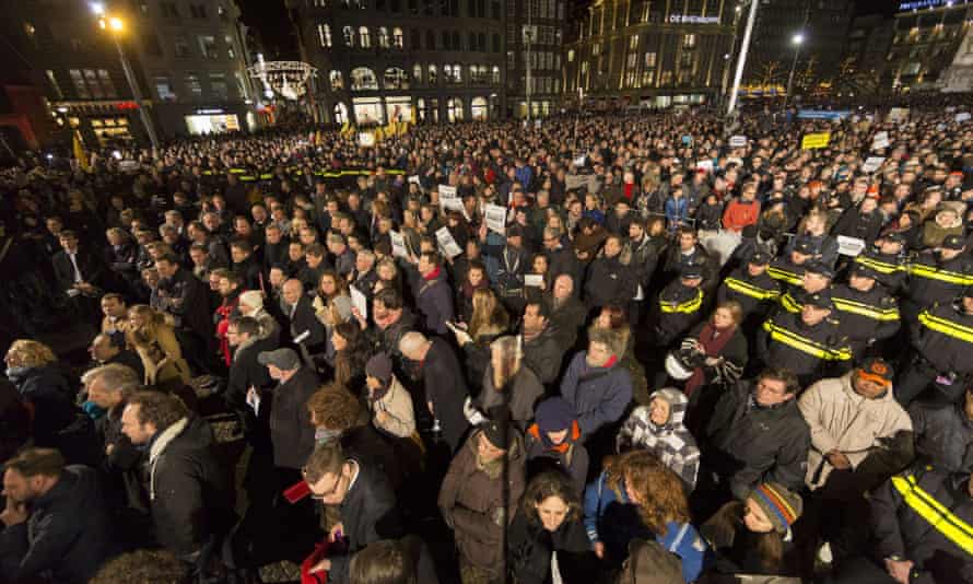 Approximately 18.000 people gather in support of the victims after the terrorist attack in Paris on January 8, 2015 in Amsterdam, Netherlands.