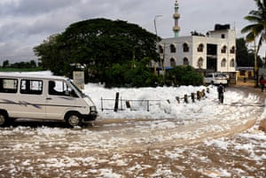 Bellandur Lake, in India’s technology capital, now carries huge volumes of snowy froth which blocks the adjacent canals