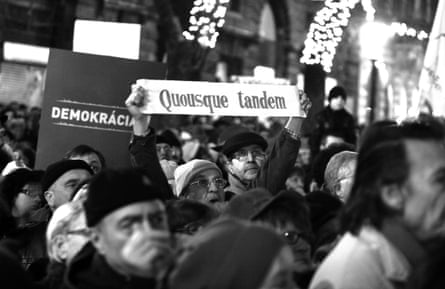 ‘How long yet?’ … a banner bears a phrase from Cicero’s speech  at a protest denouncing Hungary’s new constitution, 2012.