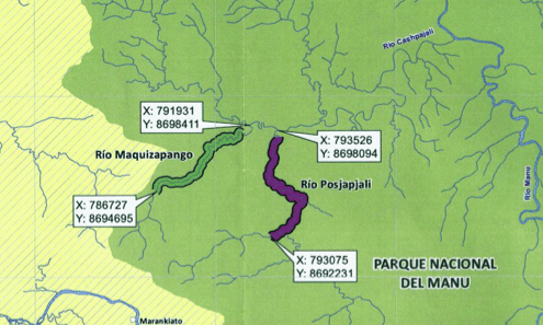 Detail from a Pluspetrol map sent in 2011 to Peru's Environment Ministry requesting permission to explore in Manu National Park. The two targeted rivers are the same as in the leaked map above.
