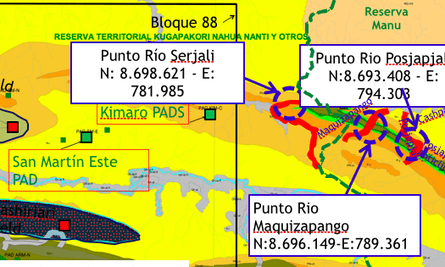 Part of a Pluspetrol map showing its interest in doing "geological fieldwork" in the Manu National Park in Peru's Amazon.