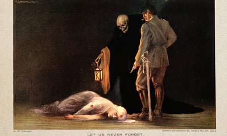 Print of a T. Corbella painting: Cavell, in a romantically floaty red cross nurse uniform, lies dead; a German officer stands over her brandishing a pistol, and next to him a skull-headed death figure holds a lantern over the body, his skeletal hand on the officer's shoulder