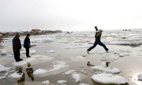 Inupiat Eskimos go ice-hoping on the Chukchi Sea.