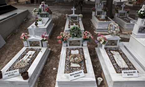 The graves on Lesbos of a Syrian Christian Orthodox family who drowned attempting to cross the Aegean from Turkey