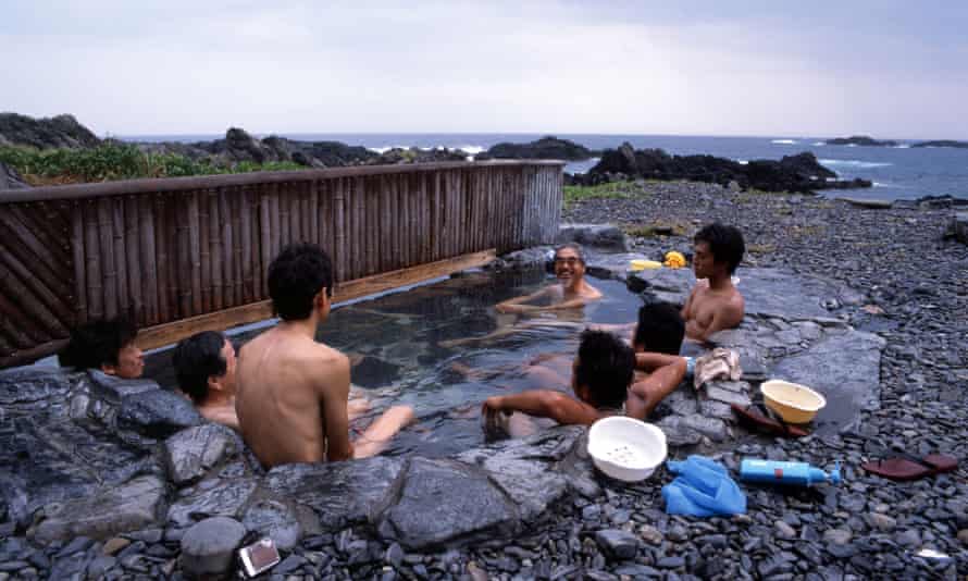 Men bath and relax at Yudomari-onsen Hot Spring, Yakushima, Japan