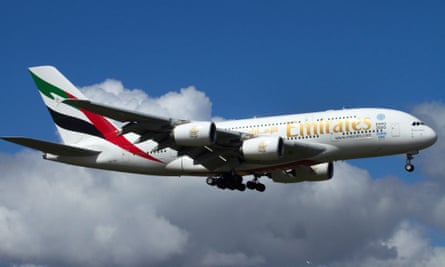 EPHM51 Emirates Airbus A380 landing at Auckland International Airport, Auckland, North Island, New Zealand