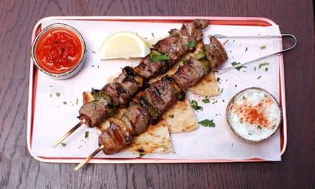 Observer Magazine OM Jay Rayner Restaurant review Suvlaki Greek street food restaurant in Soho, London. Lamb shoulder souvlaki