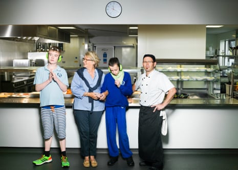 Jude Ragan, second left, and chef Lucio with pupils from Queensmill School.
