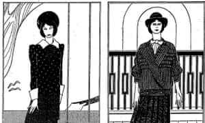 Above left: Navy silk blouse with white collar and cuffs and navy pleated skirt, £299; above right: grey wool blouson jacket and pleated skirt, £269. Illustrations: Peter Clarke for the Guardian.