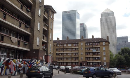 Peabody housing estate just off Poplar high street in East London. Canary Wharf is in the background.