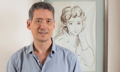 Author Jeremy Gavron beside a portrait of his mother Hannah, who took her own life in 1965.