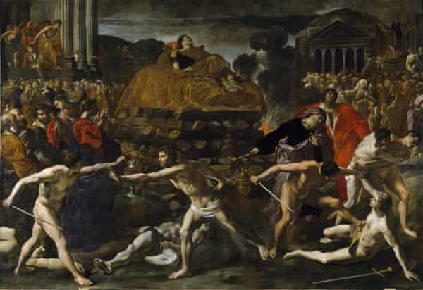 La ceremonia de cremación de un emperador romano por Giovanni Lanfranco.