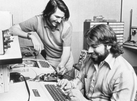 Jobs in his parents' garage with Apple co-founder Steve Wozniak, 1976.