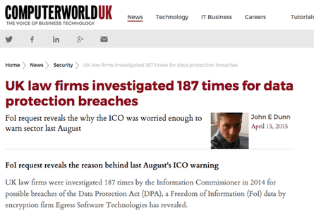 Computer World UK: 'UK law firms investigated 187 times for data protection breaches'