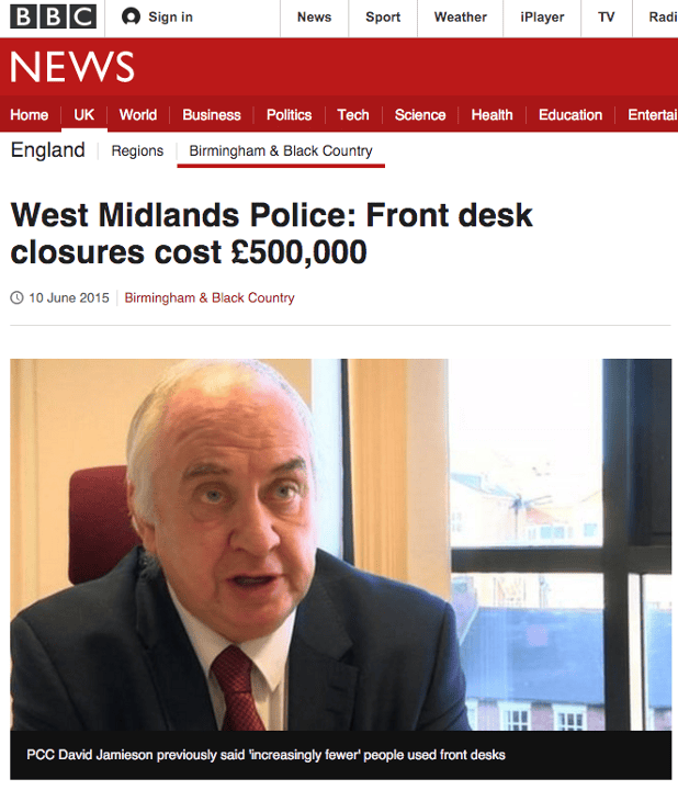 BBC News: 'West Midlands Police: Front desk closures cost £500,000'