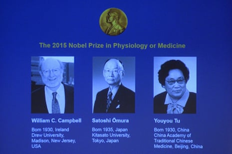 The winners of the Nobel Medicine prize 2015 (L-R) Irish-born William Campbell, Satoshi Omura of Japan and China's Youyou Tu.