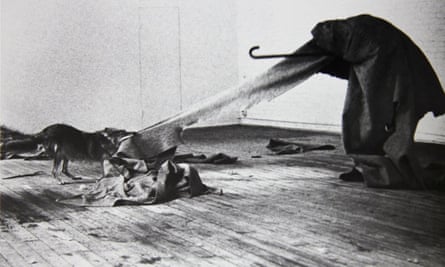 Joseph Beuys and a coyote in his 1974 performance piece I Like America and America Likes Me