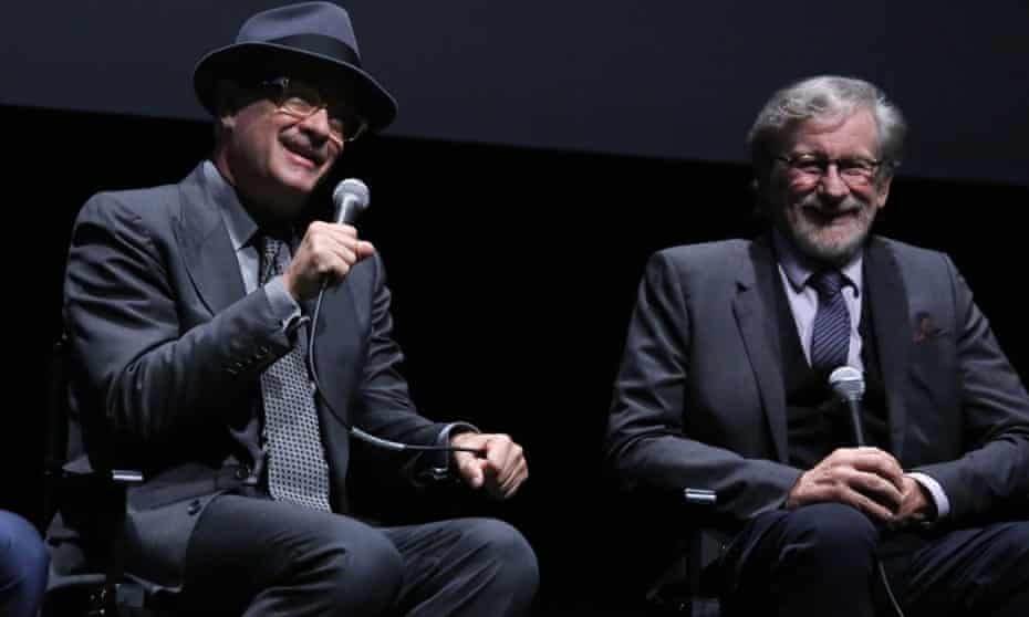 Tom Hanks and Steven Spielberg at a Q&A following the Bridge of Spies premiere in New York.