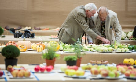 Bob Herbert and Malcolm Evans judge entries in the singles category at the RHS harvest festival show.