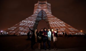 A visual installation by German visual artist Philipp Geist is seen projected on the Azadi Tower in Tehran.