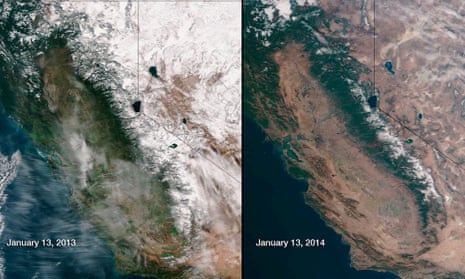 Snow cover in the Sierra Nevada mountain range in California in January 2013 (L) and January 2014 is compared in this combination of NASA satellite handout photos.