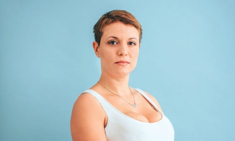 A woman in a black T-shirt, with a beautiful face and an attractive, large  breasts Stock Photo