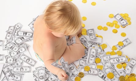 Photograph of baby surrounded by money