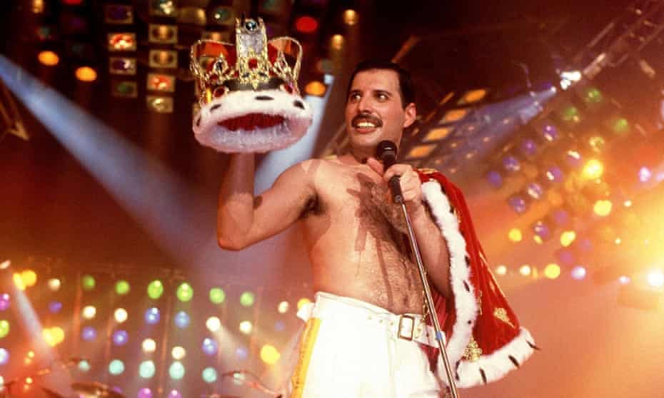 Freddie Mercury holds a crown in 1985.