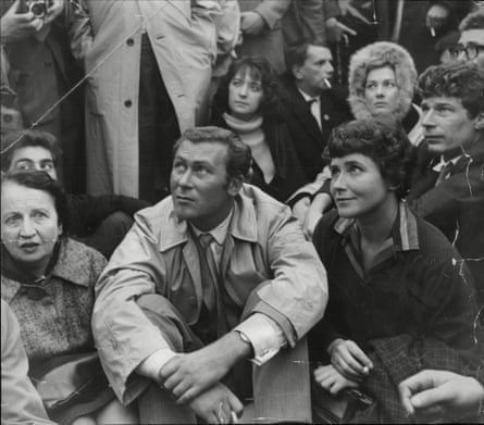 Lessing (front right) with John Osborne (left), John Berger (behind Lessing) and Vanessa Redgrave (in fur hat) in 1961.