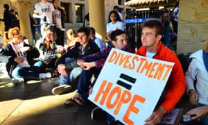 Students
      protesting at Stanford for fossil fuel divestment.