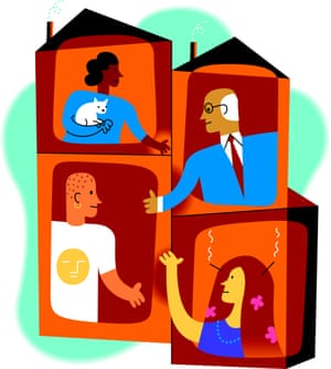 Community graphic of people in houses reaching out hands