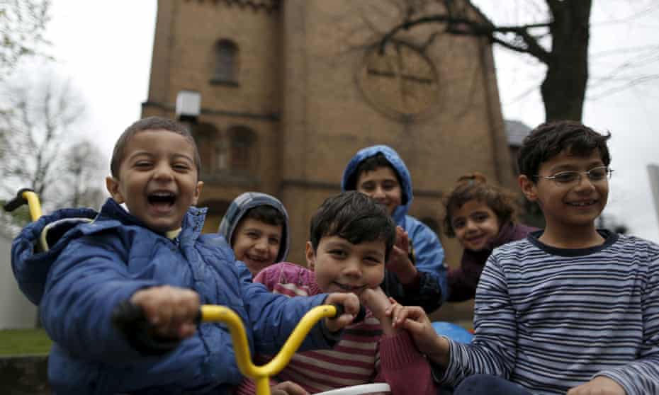 Migrant children from Syria in front of a Protestant church in Oberhausen, Germany