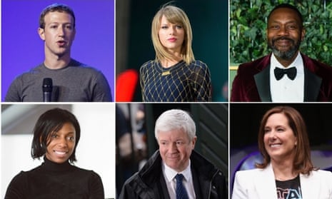 Making an impact in the MediaGuardian 100: (clockwise from top left): Mark Zuckerberg, Taylor Swift, Lenny Henry, Kathleen Kennedy, Tony Hall and Sharon White
