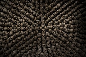 Fake human skulls are placed inside a room at the sky burial site