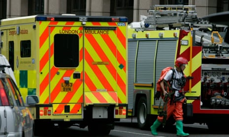 London Ambulance and fire engine outside Aldgate East tube station.