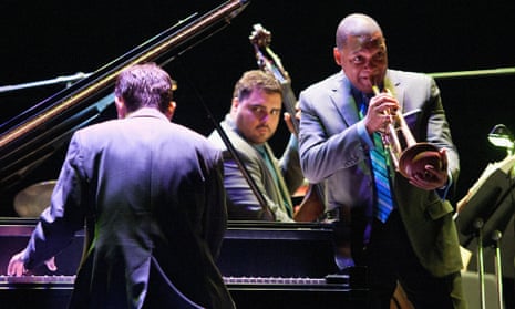 Wynton Marsalis, with Dan Nimmer (piano) and Carlos Henriquez (bass) of the Jazz at Lincoln Center Orchestra.